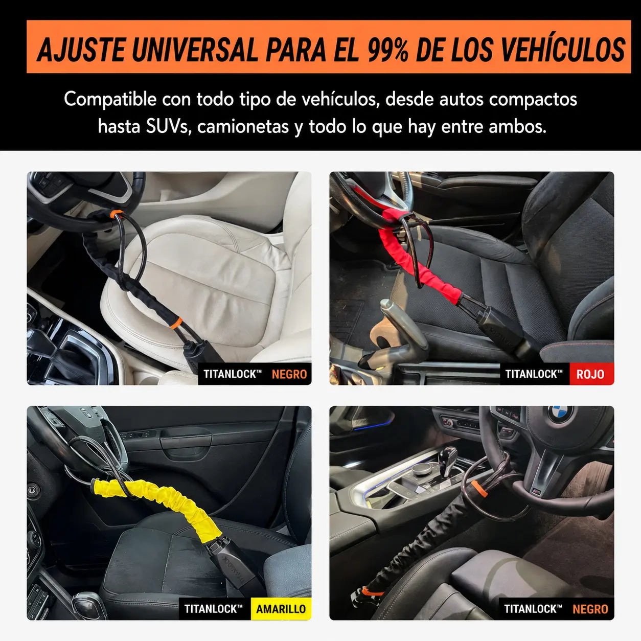 TITANLOCK™ instalado en distintos vehículos, con ajuste universal para el 99% de los autos