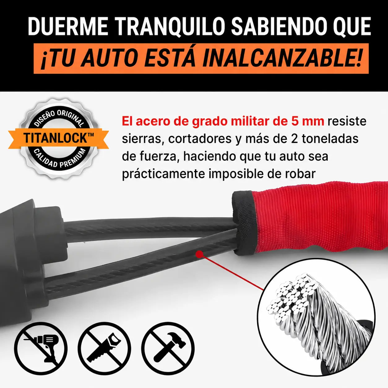 Cable de acero de grado militar de 5 mm de TITANLOCK™, resistente a sierras y cortadores