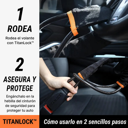 Los dos pasos de uso de TITANLOCK™: rodear el volante y asegurar en la hebilla del cinturón
