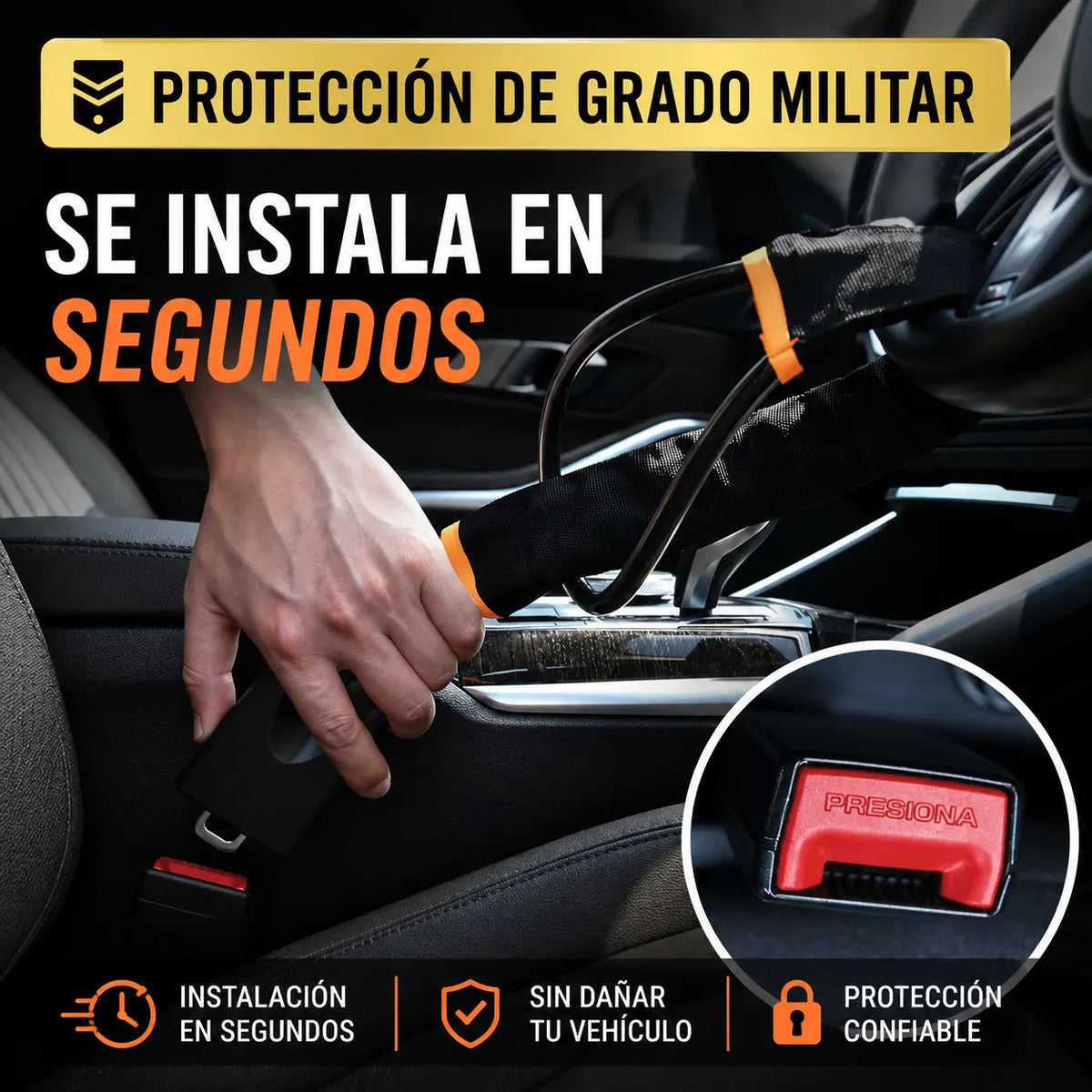 Instalación del candado TITANLOCK™ en segundos, enganchado a la hebilla del cinturón de seguridad