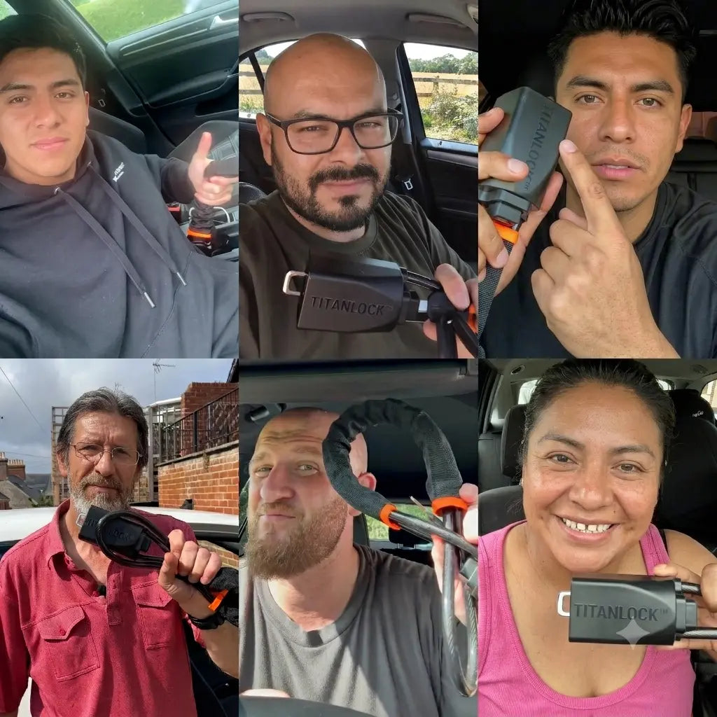 Conductores mostrando su candado antirrobo TITANLOCK™ dentro del auto